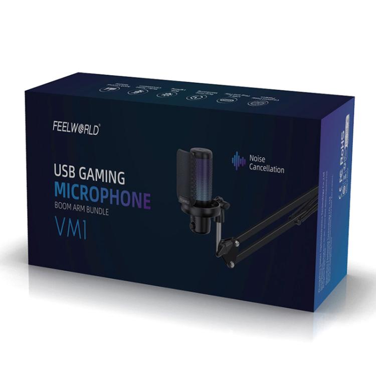 FEELWORLD VM1 USB Condenser Gaming Microphone for Streaming Noise Cancellation Mute RGB Light Boom Arm Stand (White) - Microphone by FEELWORLD | Online Shopping South Africa | PMC TechLife | Buy Now Pay Later Mobicred