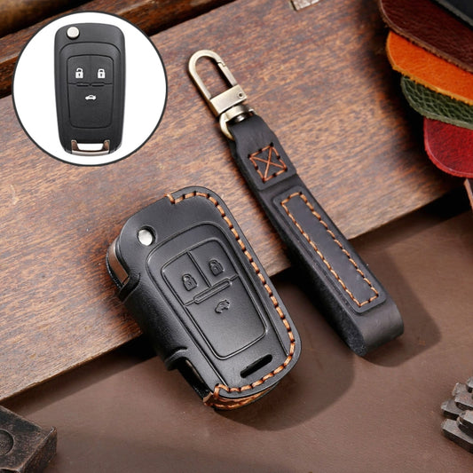 For Chevrolet Folding Hallmo Car Cowhide Leather Key Protective Cover Key Case(Black) - Car Key Cases by Hallmo | Online Shopping South Africa | PMC Jewellery | Buy Now Pay Later Mobicred