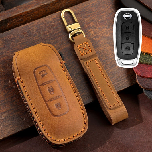 For Nissan Teana / Ariya 3-button Tail Box Hallmo Car Cowhide Leather Key Protective Cover Key Case(Brown) - Car Key Cases by Hallmo | Online Shopping South Africa | PMC Jewellery | Buy Now Pay Later Mobicred