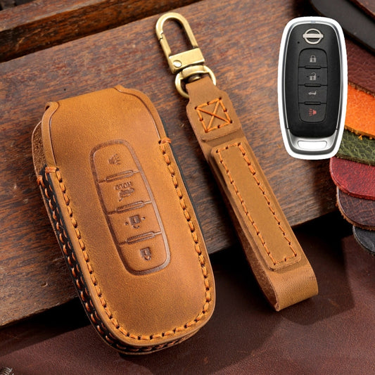 For Nissan Teana / Ariya 4-button Horn Hallmo Car Cowhide Leather Key Protective Cover Key Case(Brown) - Car Key Cases by Hallmo | Online Shopping South Africa | PMC Jewellery | Buy Now Pay Later Mobicred