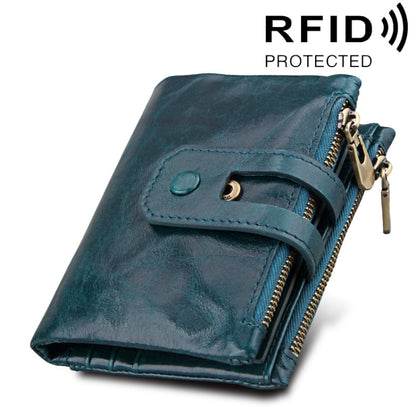 Genuine Cowhide Leather Crazy Horse Texture Zipper 3-folding Card Holder Wallet RFID Blocking Coin Purse Card Bag Protect Case for Men, Size: 12*9.5*3.5cm(Blue) - Antimagnetic RFID Package by PMC Jewellery | Online Shopping South Africa | PMC Jewellery | Buy Now Pay Later Mobicred