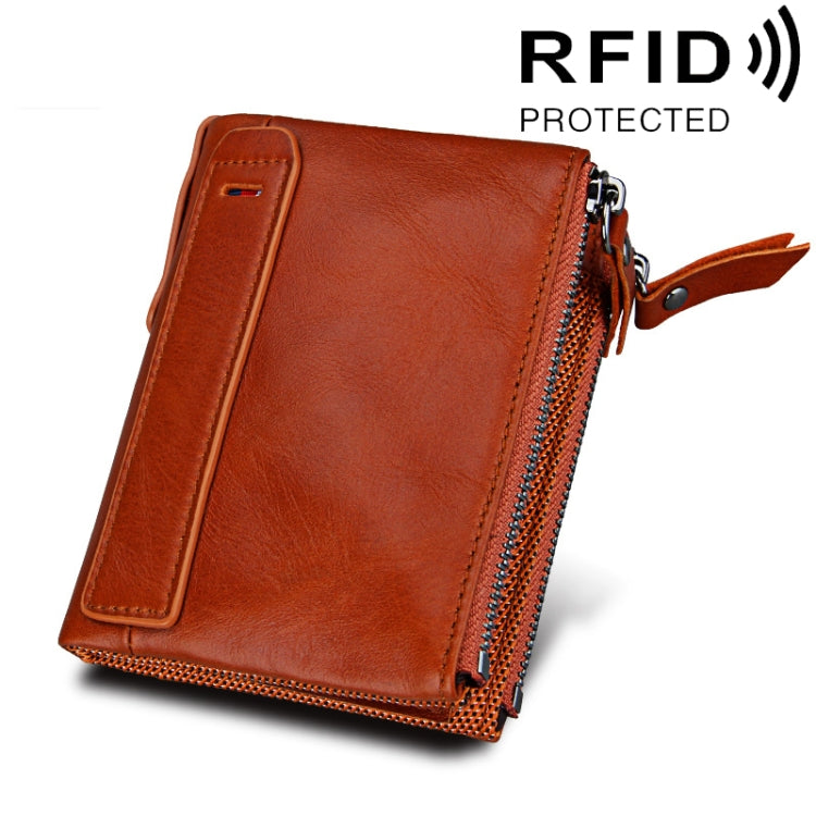 Genuine Cowhide Leather Crazy Horse Texture Dual Zipper Short Style Card Holder Wallet RFID Blocking Card Bag Protect Case for Men, Size: 12.1*9.4*2.7cm(Orange) - Antimagnetic RFID Package by PMC Jewellery | Online Shopping South Africa | PMC Jewellery | Buy Now Pay Later Mobicred