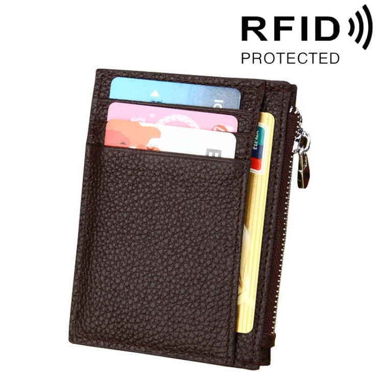 Cowhide Leather Solid Color Zipper Card Holder Wallet RFID Blocking Coin Purse Card Bag Protect Case, Size: 11*8*1.5cm (Coffee) - Antimagnetic RFID Package by PMC Jewellery | Online Shopping South Africa | PMC Jewellery | Buy Now Pay Later Mobicred