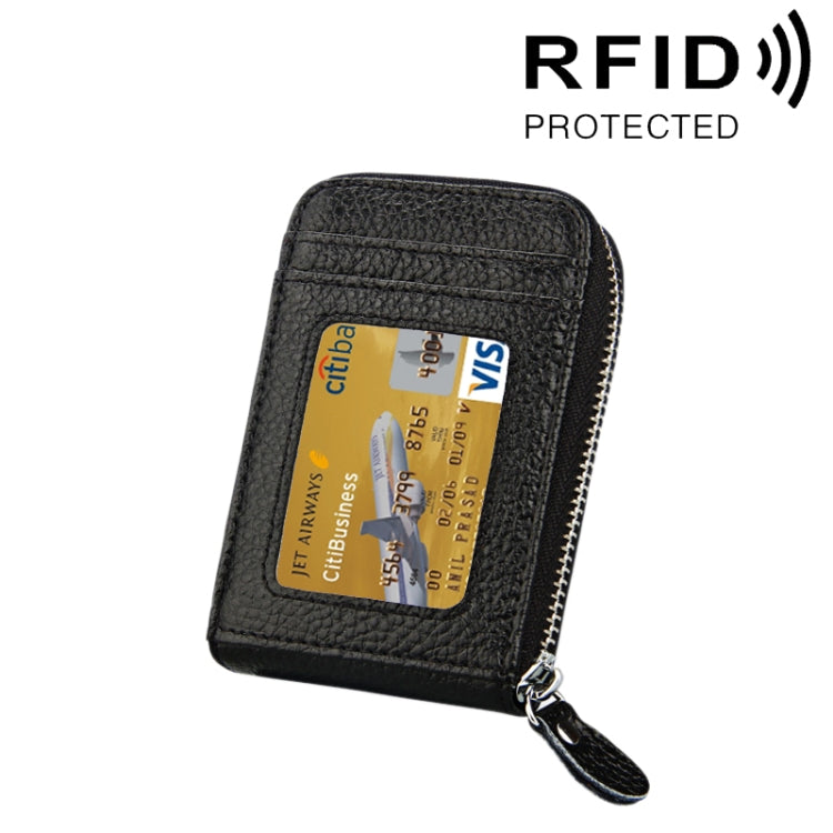 Genuine Cowhide Leather Solid Color Zipper Vertical Card Holder Wallet RFID Blocking Card Bag Protect Case with 12 Card Slots, Size: 11.5*7.5cm(Black) - Antimagnetic RFID Package by PMC Jewellery | Online Shopping South Africa | PMC Jewellery | Buy Now Pay Later Mobicred