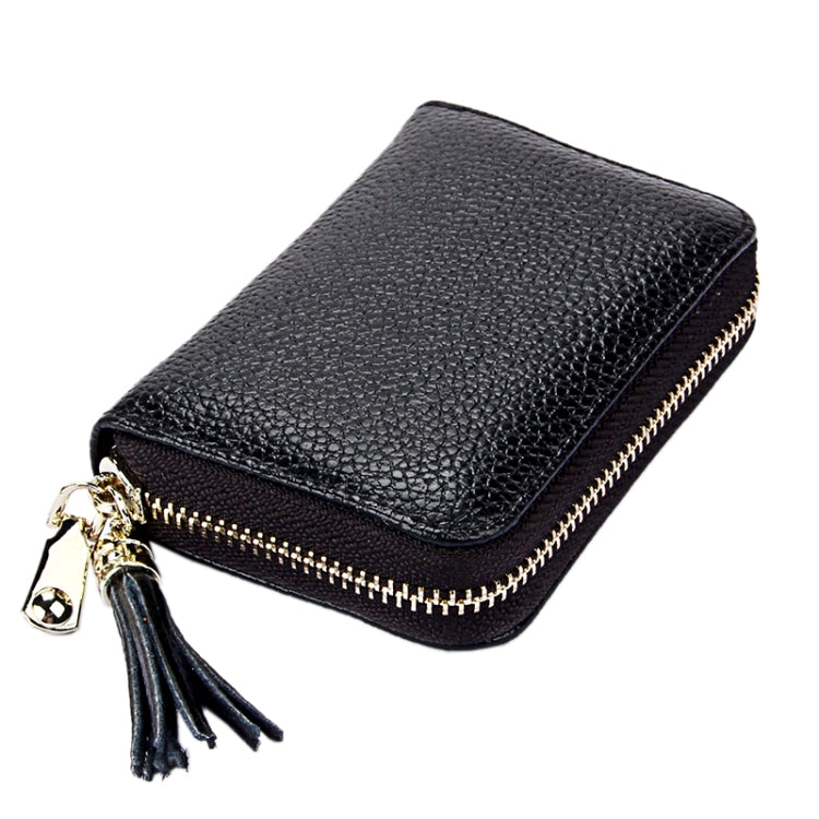 Genuine Cowhide Leather Solid Color Zipper Card Holder Wallet RFID Blocking Card Bag Protect Case Coin Purse with Tassel Pendant & 15 Card Slots for Women, Size: 11.1*7.6*3.5cm(Black) - Antimagnetic RFID Package by PMC Jewellery | Online Shopping South Africa | PMC Jewellery | Buy Now Pay Later Mobicred