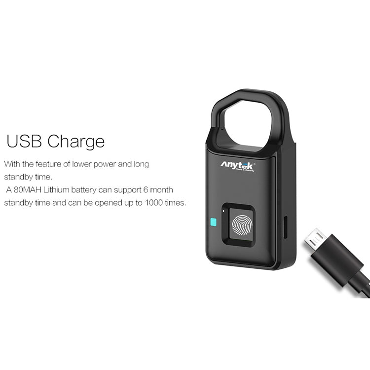 Anytek P4 3.7V Micro USB Charging Semiconductor Fingerprint Sensing Small Padlock - Padlocks by Anytek | Online Shopping South Africa | PMC Jewellery | Buy Now Pay Later Mobicred