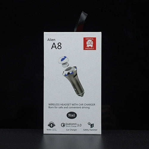 A8 3 in 1 Bluetooth Earphone & Safety Hammer & Car Charger, Support Hands-free Call & USB Quick Charger Function - Bluetooth Car Kits by PMC Jewellery | Online Shopping South Africa | PMC Jewellery | Buy Now Pay Later Mobicred