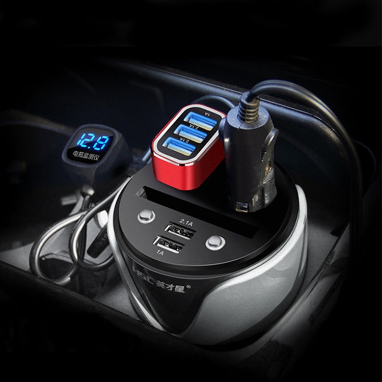 HSC YC-19D Car Cup Charger 2.1A/1A Dual USB Ports Car 12V-24V Charger with 2-Socket Cigarette, Card Socket and LED Display(Silver) - Cigar Socket by PMC Jewellery | Online Shopping South Africa | PMC Jewellery | Buy Now Pay Later Mobicred