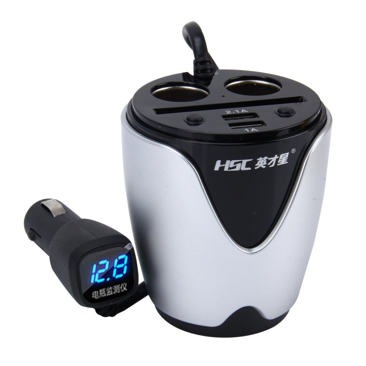 HSC YC-19D Car Cup Charger 2.1A/1A Dual USB Ports Car 12V-24V Charger with 2-Socket Cigarette, Card Socket and LED Display(Silver) - Cigar Socket by PMC Jewellery | Online Shopping South Africa | PMC Jewellery | Buy Now Pay Later Mobicred