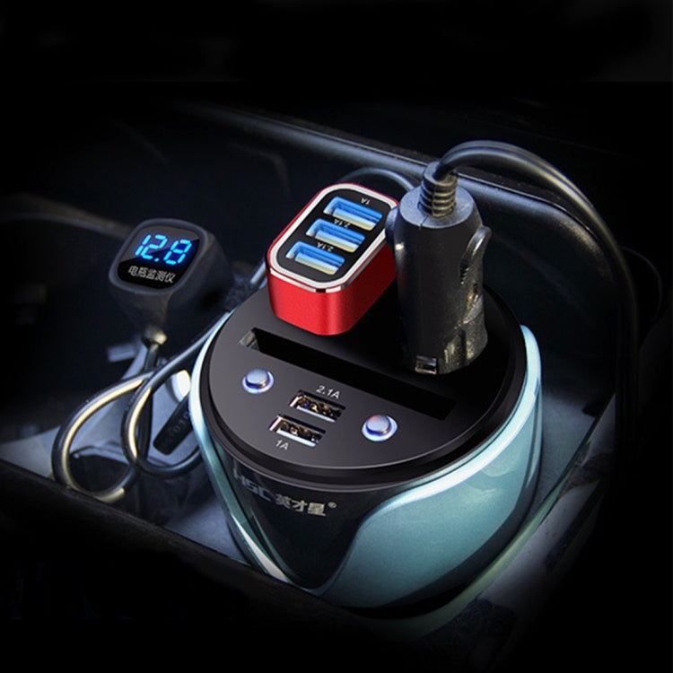 HSC YC-19D Car Cup Charger 2.1A/1A Dual USB Ports Car 12V-24V Charger with 2-Socket Cigarette, Card Socket and LED Display(Silver) - Cigar Socket by PMC Jewellery | Online Shopping South Africa | PMC Jewellery | Buy Now Pay Later Mobicred