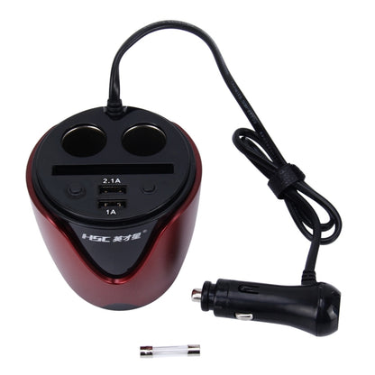 HSC YC-19 Car Cup Charger 2.1A/1A Dual USB Ports Car 12V-24V Charger with 2-Socket Cigarette and Card Socket(Red) - Cigar Socket by PMC Jewellery | Online Shopping South Africa | PMC Jewellery | Buy Now Pay Later Mobicred