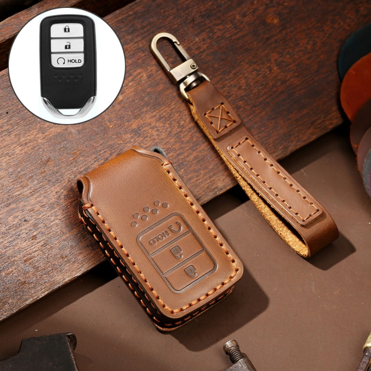 Hallmo Car Cowhide Leather Key Protective Cover Key Case for Honda 3-button Start(Brown) - Car Key Cases by Hallmo | Online Shopping South Africa | PMC TechLife | Buy Now Pay Later Mobicred