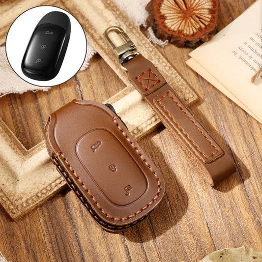 Hallmo Car Cowhide Leather Key Protective Cover Key Case for LEADING IDEAL One(Brown) - Car Key Cases by Hallmo | Online Shopping South Africa | PMC Jewellery | Buy Now Pay Later Mobicred