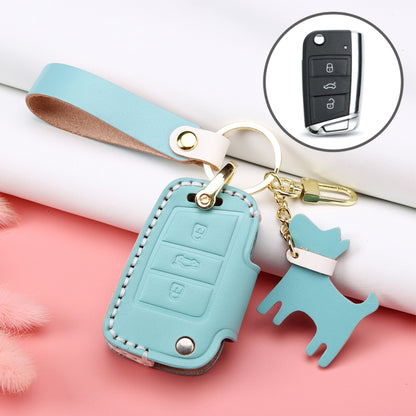 Hallmo Car Female Style Cowhide Leather Key Protective Cover for Volkswagen, B Type Folding(Lake Blue) - Car Key Cases by Hallmo | Online Shopping South Africa | PMC Jewellery | Buy Now Pay Later Mobicred