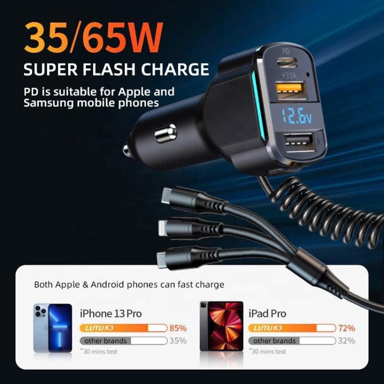 K4 Car 3 in 1 PD + USB Dual Port Fast Charger with Spring Data Cable - Car Charger by PMC Jewellery | Online Shopping South Africa | PMC Jewellery | Buy Now Pay Later Mobicred