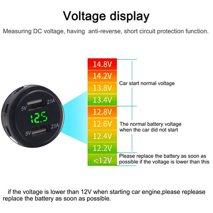 Universal Car Dual Port USB Charger Power Outlet Adapter 4.2A 5V IP66 with LED Digital Voltmeter + 60cm Cable(Green Light) - DIY Modified Charger by PMC Jewellery | Online Shopping South Africa | PMC Jewellery | Buy Now Pay Later Mobicred