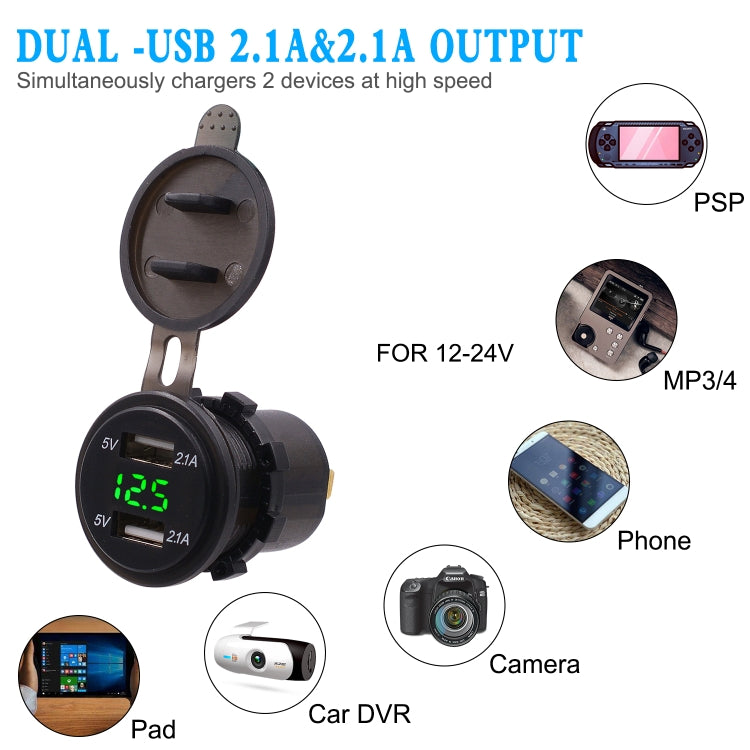 Universal Car Dual Port USB Charger Power Outlet Adapter 4.2A 5V IP66 with LED Digital Voltmeter + 60cm Cable(Green Light) - DIY Modified Charger by PMC Jewellery | Online Shopping South Africa | PMC Jewellery | Buy Now Pay Later Mobicred