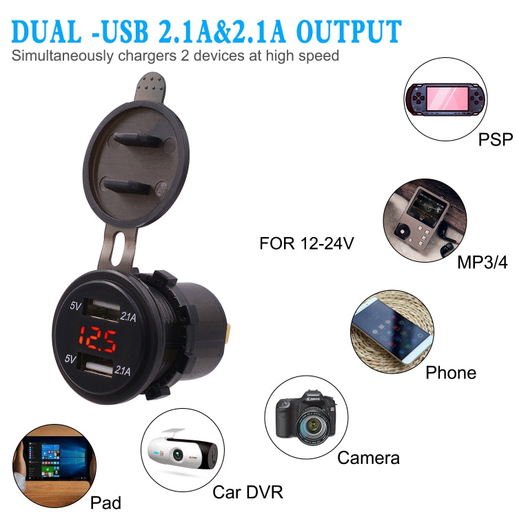 Universal Car Dual Port USB Charger Power Outlet Adapter 4.2A 5V IP66 with LED Digital Voltmeter + 60cm Cable(Red Light) - DIY Modified Charger by PMC Jewellery | Online Shopping South Africa | PMC Jewellery | Buy Now Pay Later Mobicred