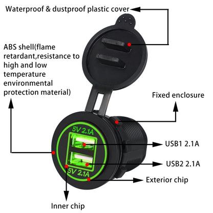 Universal Car Dual USB Charger Power Outlet Adapter 4.2A 5V IP66 with Aperture + 60cm Cable(Green Light) - DIY Modified Charger by PMC Jewellery | Online Shopping South Africa | PMC Jewellery | Buy Now Pay Later Mobicred