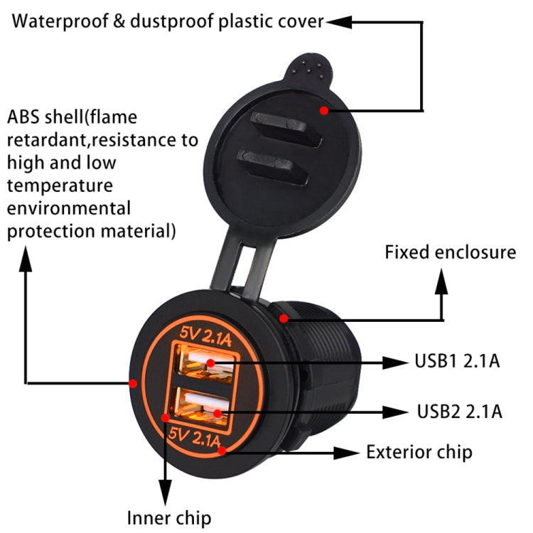 Universal Car Dual USB Charger Power Outlet Adapter 4.2A 5V IP66 with Aperture + 60cm Cable(Orange Light) - DIY Modified Charger by PMC Jewellery | Online Shopping South Africa | PMC Jewellery | Buy Now Pay Later Mobicred