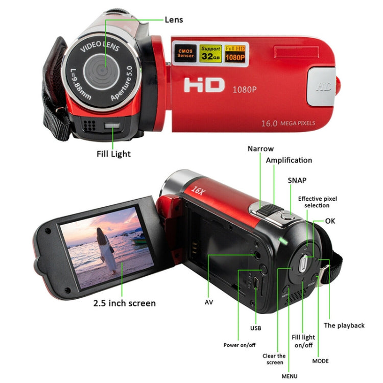 16X Digital Zoom HD 16 Million Pixel Home Travel DV Camera, UK Plug (Red) - Video Cameras by PMC TechLife | Online Shopping South Africa | PMC TechLife