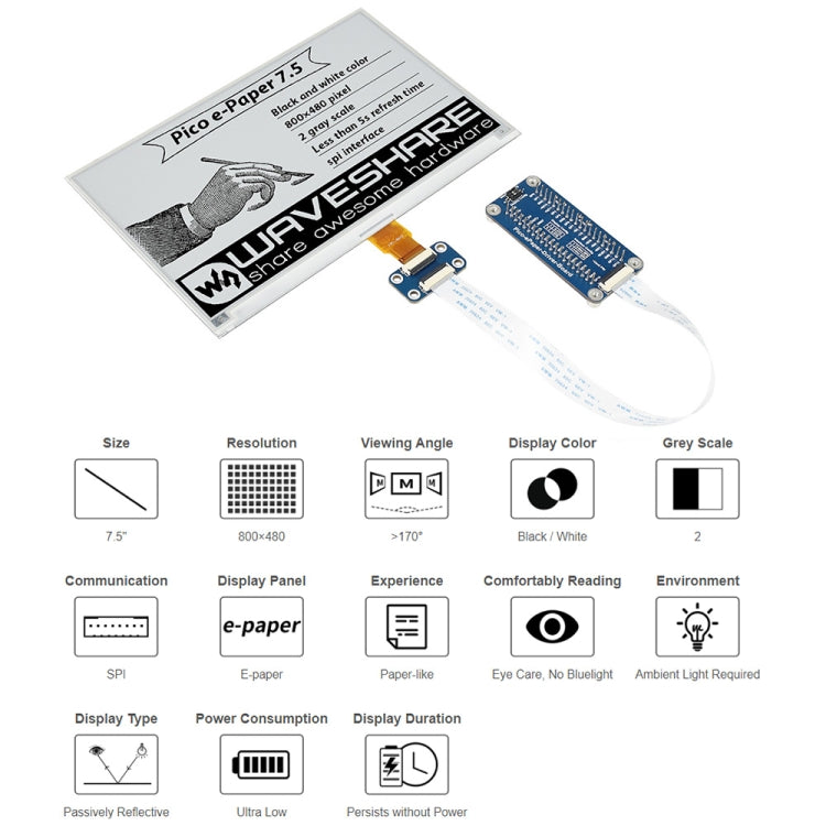 Waveshare 7.5 inch 800x480 pixel Black White E-Paper E-Ink Display Module for Raspberry Pi Pico, SPI Interface - Modules Expansions Accessories by WAVESHARE | Online Shopping South Africa | PMC Jewellery | Buy Now Pay Later Mobicred