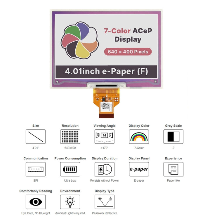 Waveshare 4.01 inch  ACeP 640x400 Pixel 7-Color E-Paper E-Ink Raw Display, without PCB - Modules Expansions Accessories by WAVESHARE | Online Shopping South Africa | PMC Jewellery | Buy Now Pay Later Mobicred