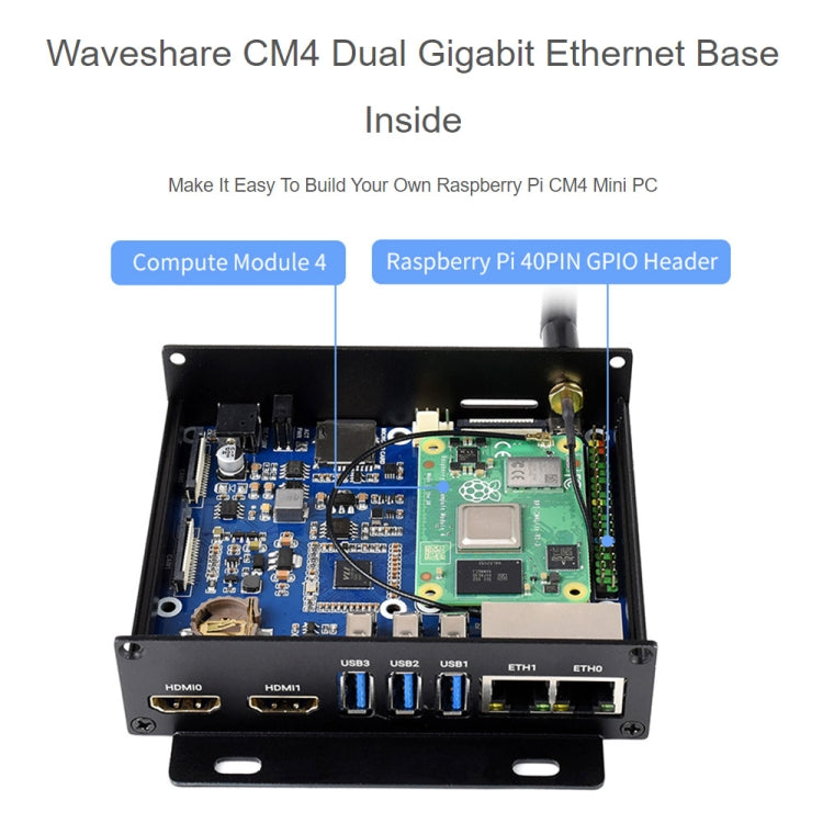 Waveshare Dual Gigabit Ethernet Mini-Computer with Metal Case & Cooling Fan for Raspberry Pi CM4(EU Plug) - Mini PC Accessories by WAVESHARE | Online Shopping South Africa | PMC Jewellery | Buy Now Pay Later Mobicred