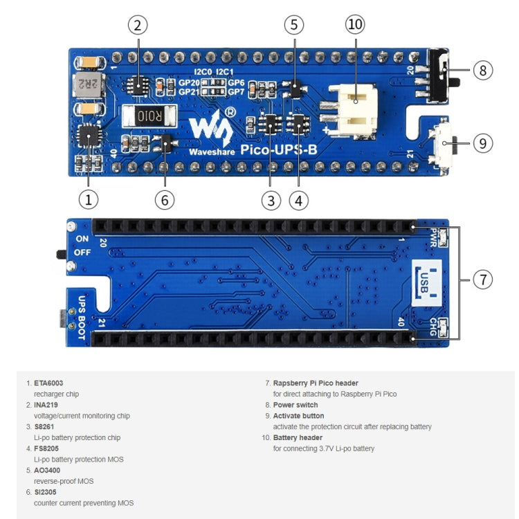 Waveshare UPS Module Uninterruptible Power Supply 600mAh Li-Po Battery Module Stackable Board for Raspberry Pi Pico - Modules Expansions Accessories by WAVESHARE | Online Shopping South Africa | PMC Jewellery | Buy Now Pay Later Mobicred