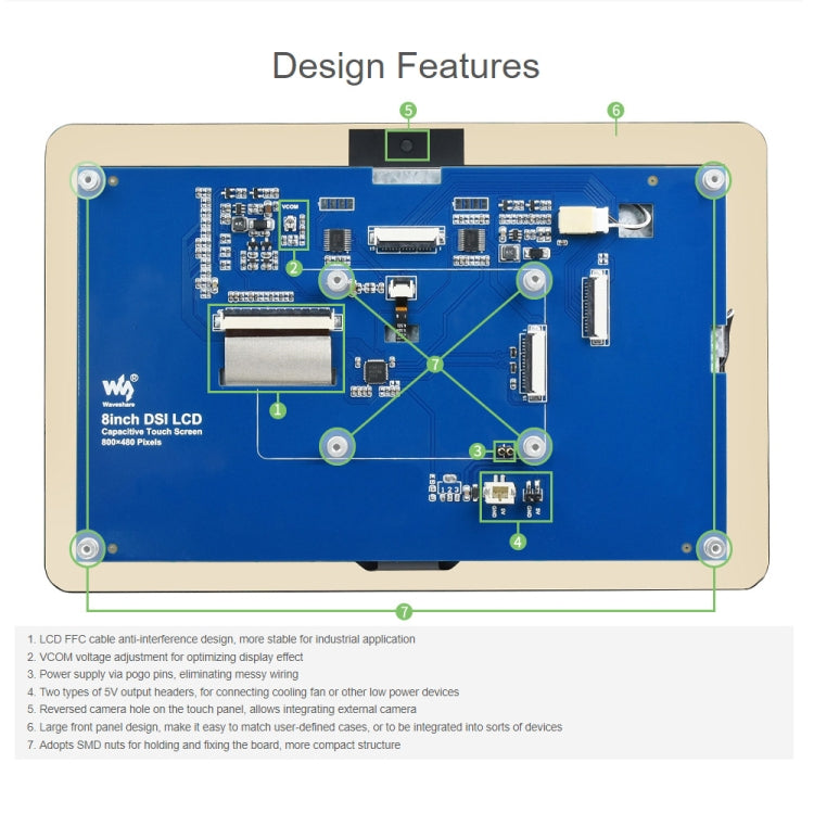 WAVESHARE 8 inch 800 x 480 Capacitive Touch Display for Raspberry Pi, DSI Interface - free shipping - PMC TechLife - Order now!