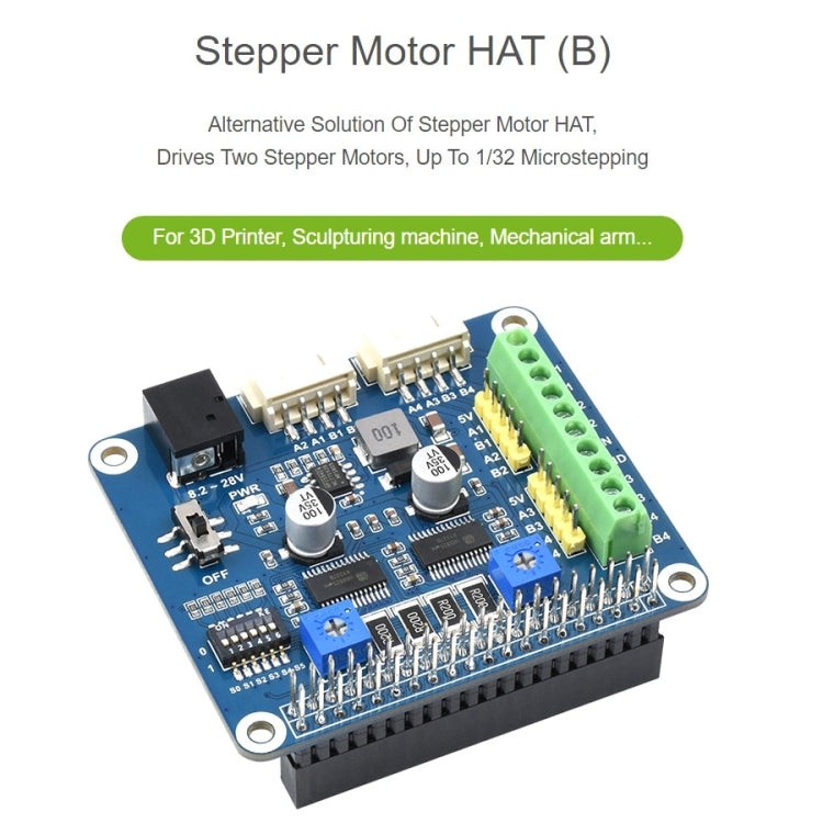 Waveshare HRB8825 Stepper Motor HAT For Raspberry Pi, Drives Two Stepper Motors, Up To 1/32 Microstepping - Modules Expansions Accessories by WAVESHARE | Online Shopping South Africa | PMC Jewellery | Buy Now Pay Later Mobicred