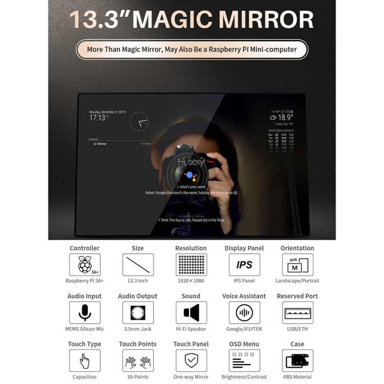 Waveshare 13.3 inch Magic Mirror, Voice Assistant, Touch Control(EU Plug) - Modules Expansions Accessories by WAVESHARE | Online Shopping South Africa | PMC Jewellery | Buy Now Pay Later Mobicred