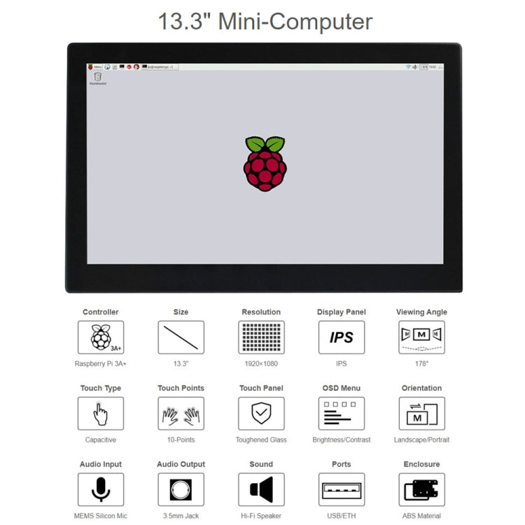 Waveshare 13.3 inch Mini-Computer Powered by Raspberry Pi 3A+, HD Touch Screen(US Plug) - free shipping - PMC Jewellery - Order now!