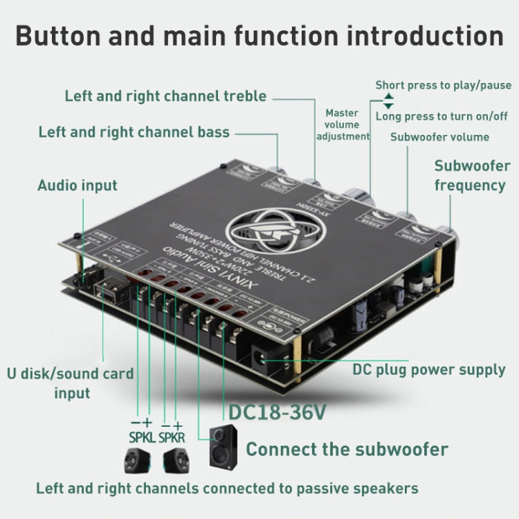 TPA7498e Power Amplifier Board Bluetooth Module Stereo 2.1 Audio Treble and Bass Control Subwoofer - Breadboard / Amplifier Board by PMC TechLife | Online Shopping South Africa | PMC TechLife | Buy Now Pay Later Mobicred