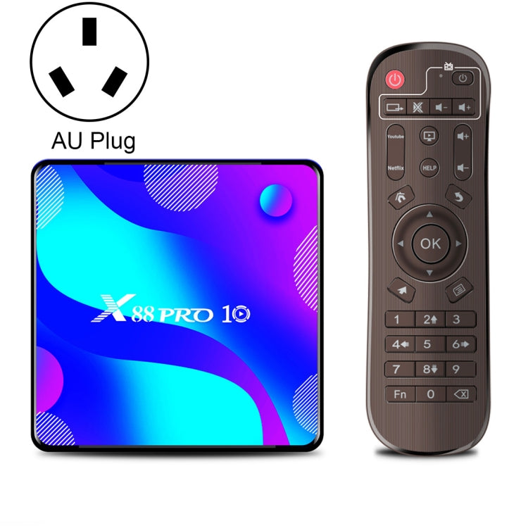 X88 Pro 10 4K Ultra HD Android TV Box with Remote Controller, Android 10.0, RK3318 Quad-Core 64bit Cortex-A53, 2GB+16GB, Support Bluetooth / Dual-Band WiFi / TF Card / USB / AV / Ethernet(AU Plug) - RK3318 by PMC Jewellery | Online Shopping South Africa | PMC Jewellery | Buy Now Pay Later Mobicred