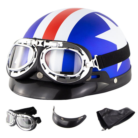 Soman Electromobile Motorcycle Half Face Helmet Retro Harley Helmet with Goggles(Matte Blue French White Star) - Helmets by SOMAN | Online Shopping South Africa | PMC Jewellery | Buy Now Pay Later Mobicred