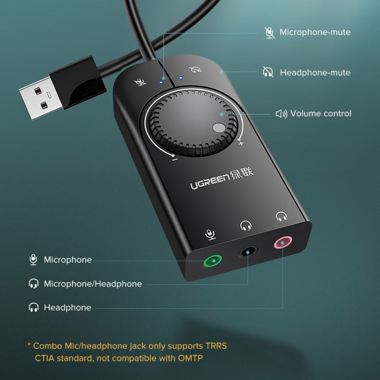 UGREEN CM109 USB to 3-ports 3.5mm Computer External Audio Card with Volume Adjustment Wheel, Length: 15cm - USB Sound by UGREEN | Online Shopping South Africa | PMC Jewellery | Buy Now Pay Later Mobicred