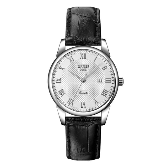 SKMEI 9058 Multifunctional Outdoor Fashion Waterproof Silver Shell Quartz Wrist Watch (Women Style Silver Face Black Strap) - Leather Strap Watches by SKMEI | Online Shopping South Africa | PMC Jewellery | Buy Now Pay Later Mobicred