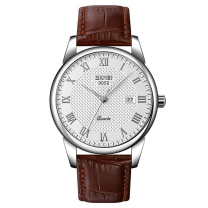 SKMEI 9058 Multifunctional Outdoor Fashion Waterproof Silver Shell Quartz Wrist Watch (Men Style Silver Face Brown Strap) - Leather Strap Watches by SKMEI | Online Shopping South Africa | PMC Jewellery | Buy Now Pay Later Mobicred