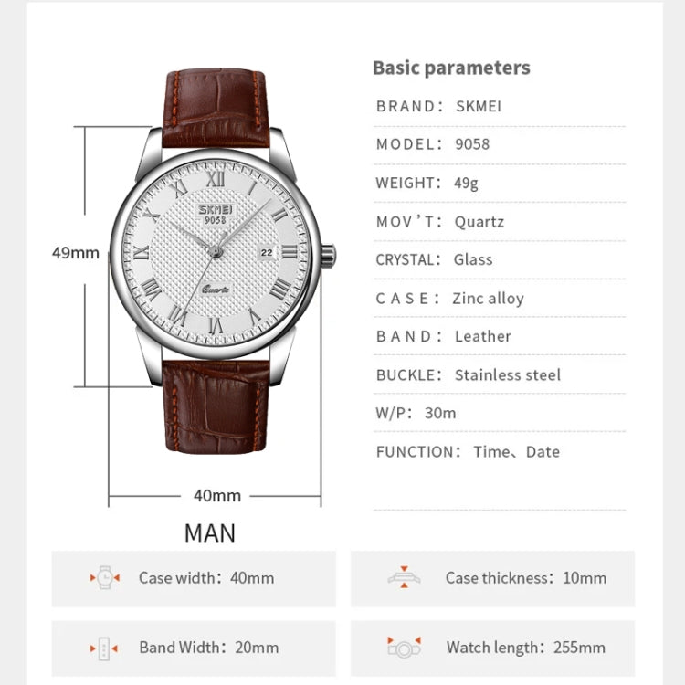 SKMEI 9058 Multifunctional Outdoor Fashion Waterproof Silver Shell Quartz Wrist Watch (Men Style Silver Face Brown Strap) - Leather Strap Watches by SKMEI | Online Shopping South Africa | PMC Jewellery | Buy Now Pay Later Mobicred