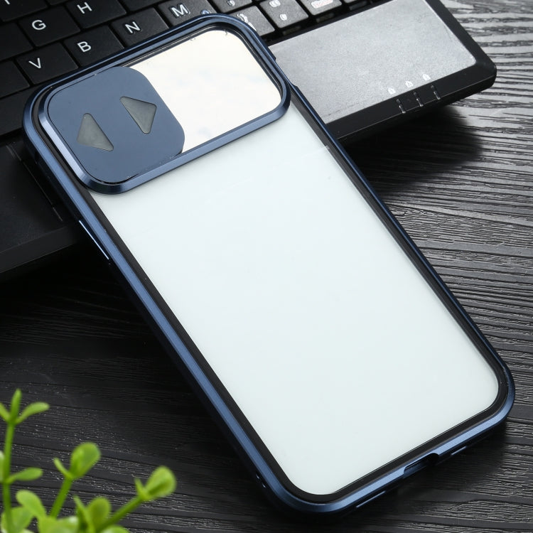 For iPhone 12 / 12 Pro Sliding Lens Cover Mirror Design Four-corner Shockproof Magnetic Metal Frame Double-sided Tempered Glass Case(Blue) - iPhone 12 / 12 Pro Cases by PMC Jewellery | Online Shopping South Africa | PMC Jewellery