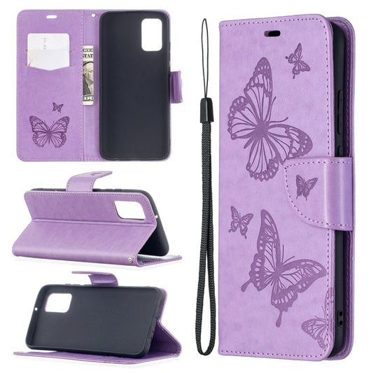 For Samsung Galaxy A02s (EU Version) Embossing Two Butterflies Pattern Horizontal Flip PU Leather Case with Holder & Card Slot & Wallet & Lanyard(Purple) - Galaxy Phone Cases by PMC Jewellery | Online Shopping South Africa | PMC Jewellery