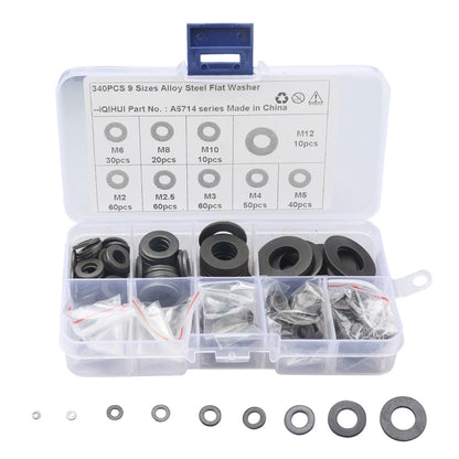 A5714 340 PCS 9 Sizes Black Carbon Steel Flat Washers Set - Booster Cable & Clip by PMC Jewellery | Online Shopping South Africa | PMC Jewellery | Buy Now Pay Later Mobicred