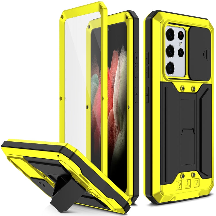 For Samsung Galaxy S21 Ultra 5G R-JUST Sliding Lens Cover Shockproof Dustproof Waterproof Metal + Silicone Case with Invisible Holder(Yellow) - Galaxy S21 Ultra 5G Cases by R-JUST | Online Shopping South Africa | PMC Jewellery | Buy Now Pay Later Mobicred