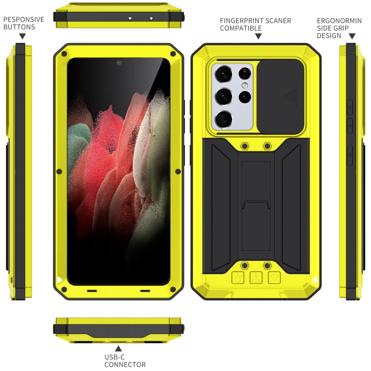 For Samsung Galaxy S21 Ultra 5G R-JUST Sliding Lens Cover Shockproof Dustproof Waterproof Metal + Silicone Case with Invisible Holder(Yellow) - Galaxy S21 Ultra 5G Cases by R-JUST | Online Shopping South Africa | PMC Jewellery | Buy Now Pay Later Mobicred