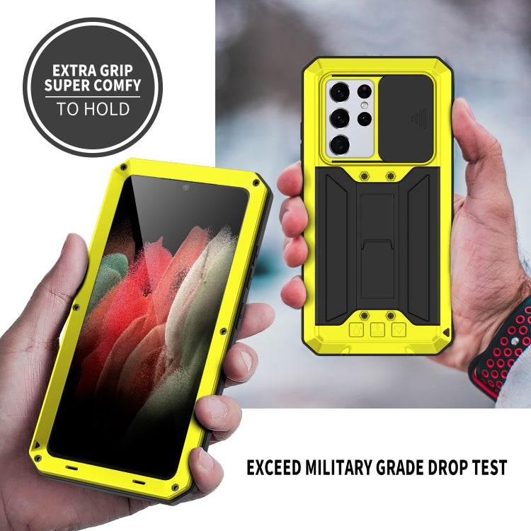 For Samsung Galaxy S21 Ultra 5G R-JUST Sliding Lens Cover Shockproof Dustproof Waterproof Metal + Silicone Case with Invisible Holder(Yellow) - Galaxy S21 Ultra 5G Cases by R-JUST | Online Shopping South Africa | PMC Jewellery | Buy Now Pay Later Mobicred