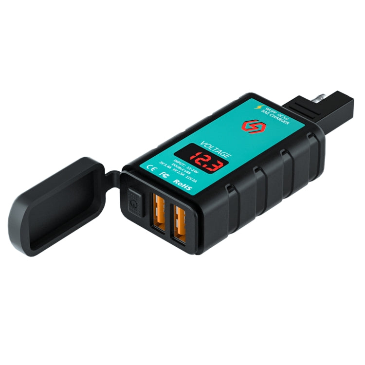 WUPP ZH-1422A1 DC12-24V Motorcycle Square Dual USB Fast Charging Charger with Switch + Voltmeter + Integrated SAE Socket - free shipping - PMC TechLife - Order now!