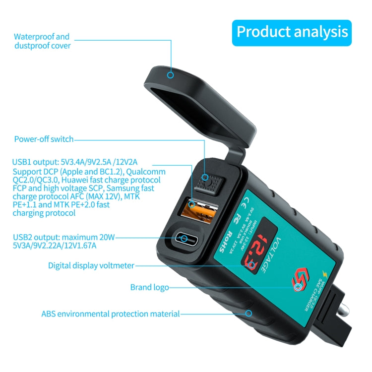 WUPP ZH-1422B2 DC12-24V Motorcycle Square Single USB + PD Fast Charging Charger with Switch + Voltmeter + Integrated SAE Socket + 1m SAE Socket Cable - Battery Charger by WUPP | Online Shopping South Africa | PMC TechLife | Buy Now Pay Later Mobicred