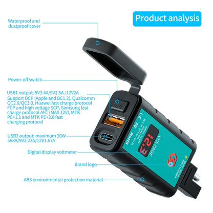 WUPP ZH-1422B2 DC12-24V Motorcycle Square Single USB + PD Fast Charging Charger with Switch + Voltmeter + Integrated SAE Socket + 1m SAE Socket Cable - Battery Charger by WUPP | Online Shopping South Africa | PMC Jewellery | Buy Now Pay Later Mobicred