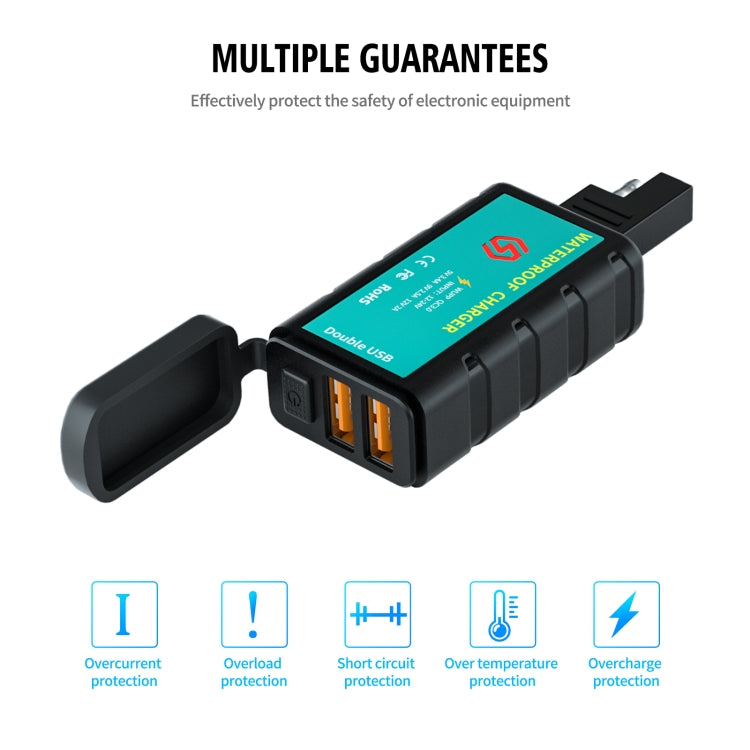 WUPP ZH-1422C3 Motorcycle Square Dual USB Fast Charging Charger with Switch + Integrated SAE Socket + 1.4m OT Terminal Cable - free shipping - PMC TechLife - Order now!